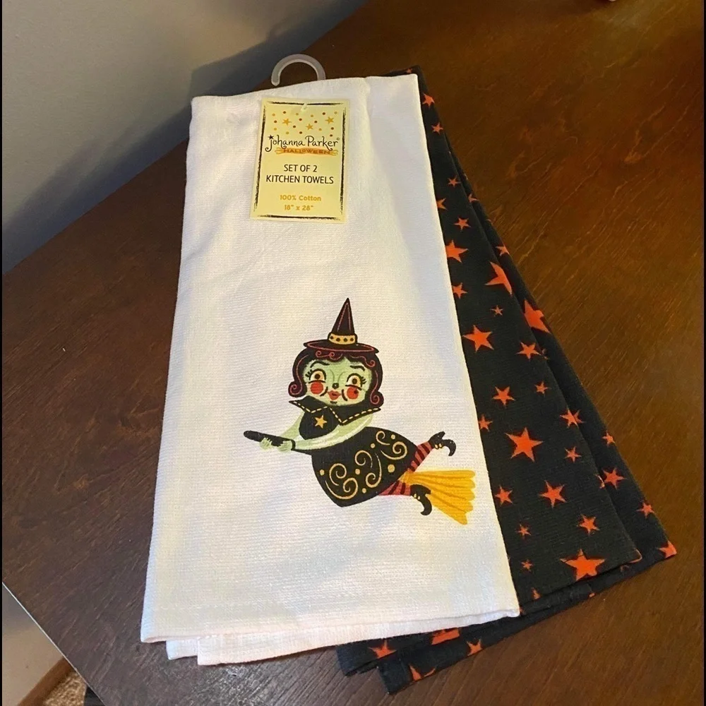 (ON HOLD) JOHANNA PARKER HALLOWEEN WITCH ON BROOM SET OF 2 KITCHEN TOWELS